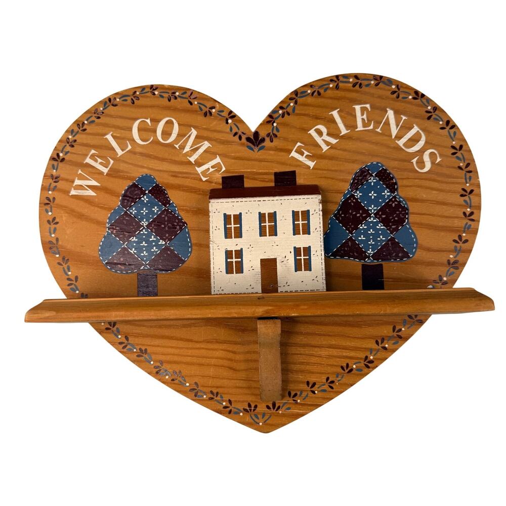 Vintage Welby Habersham Welcome Friends Heart Wall Shelf Farmhouse Folk Art 1987